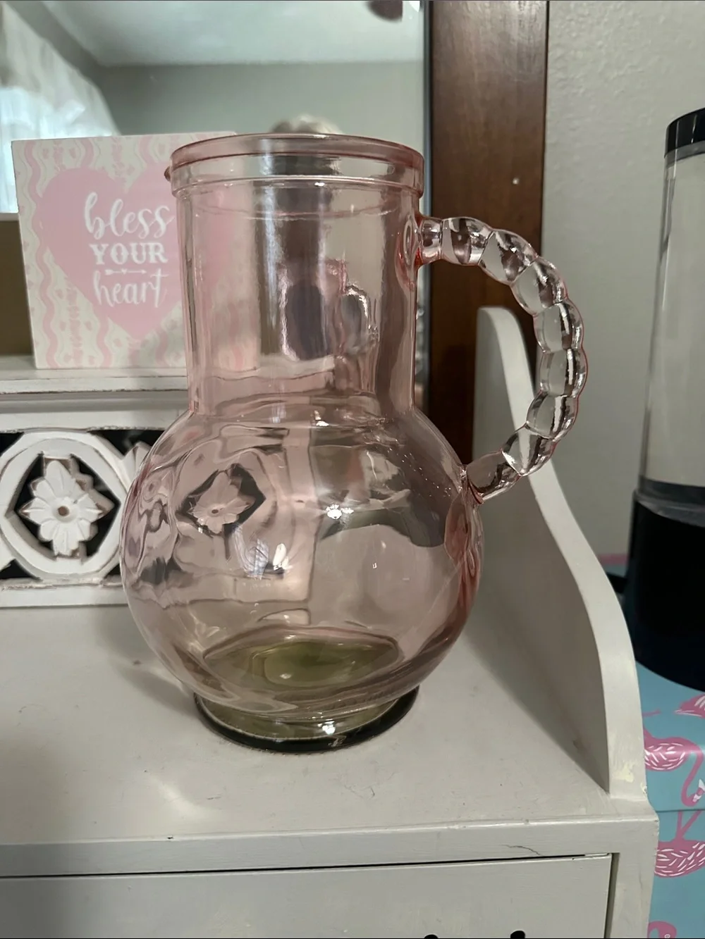 Pink and green Glass Pitcher with Beaded glass Handle NWT